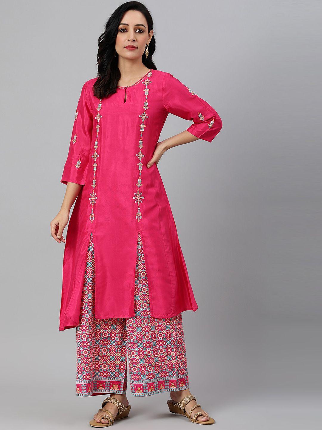 w women pink keyhole neck flared sleeves thread work kurta