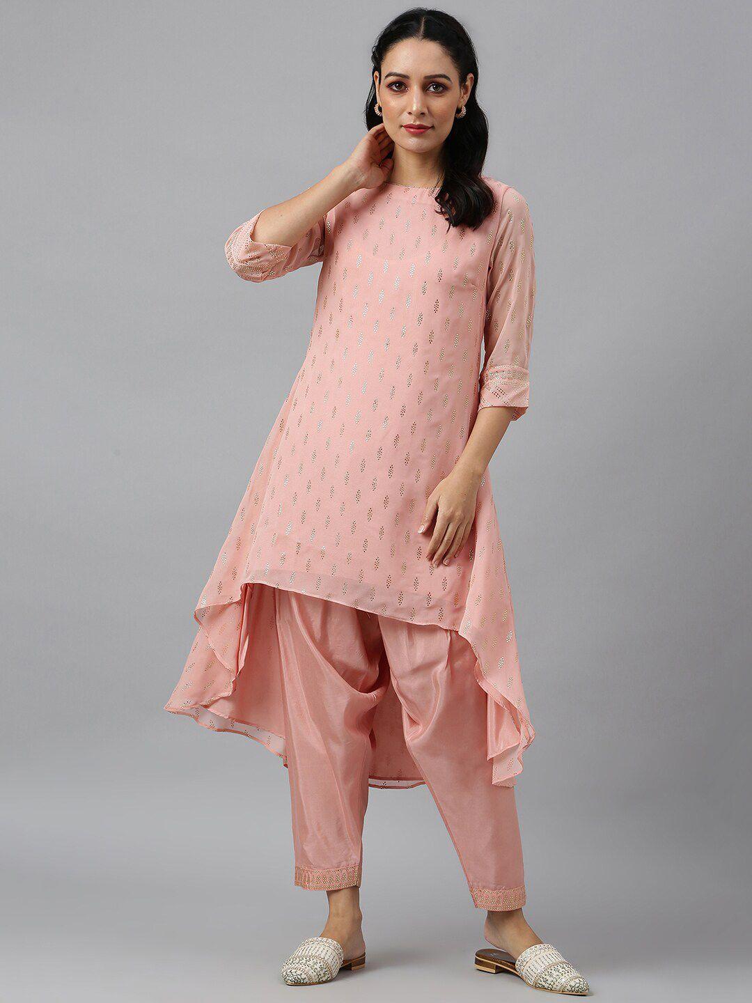 w women pink panelled kurti with trousers