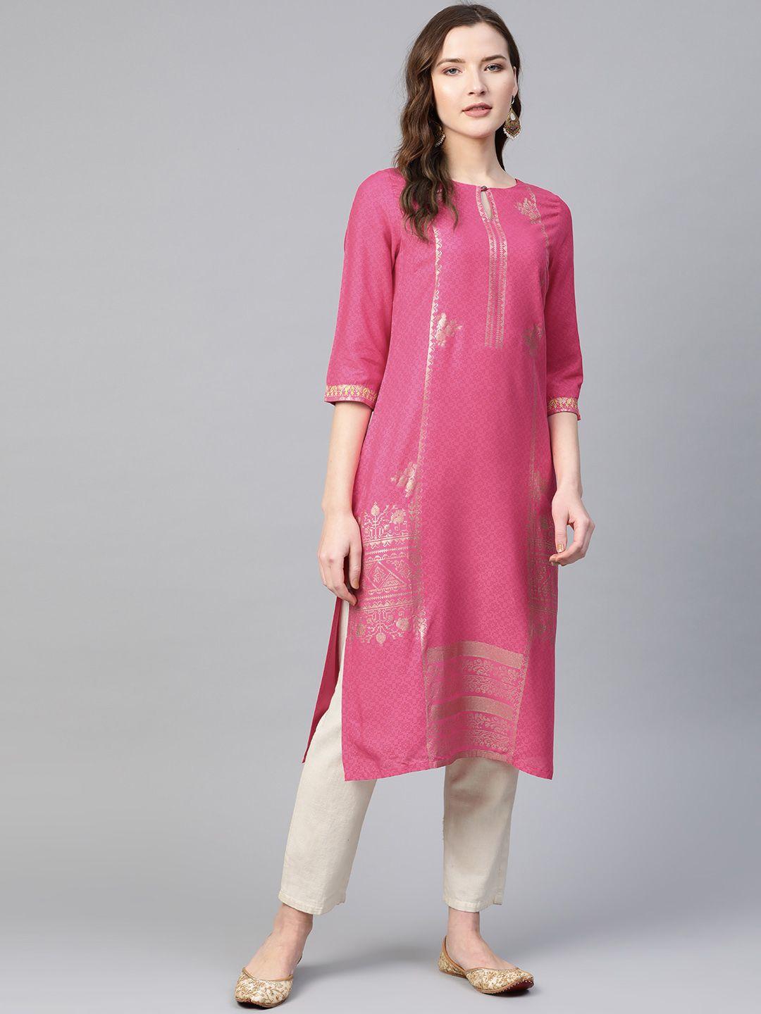 w women pink printed straight kurta