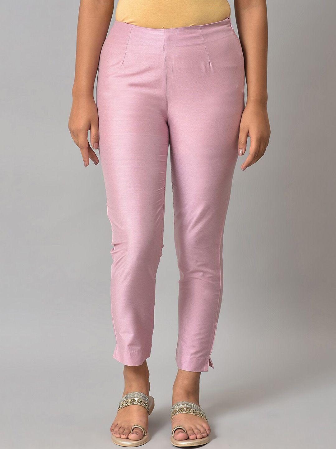 w women pink solid easy wash trouser
