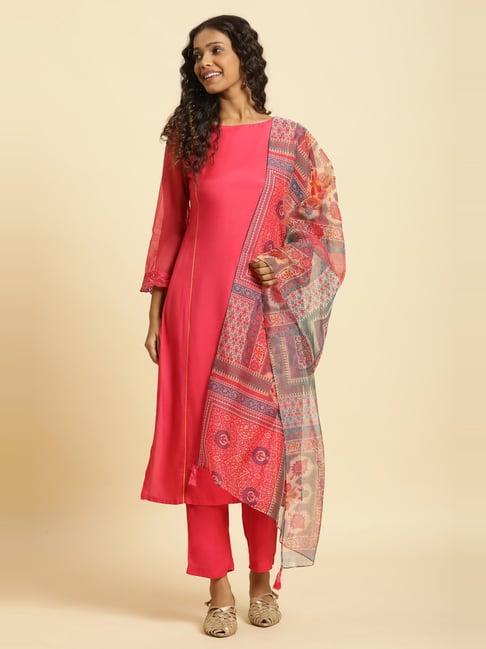 w women pink solid rayon co-ord kurta set with straight pant & dupatta