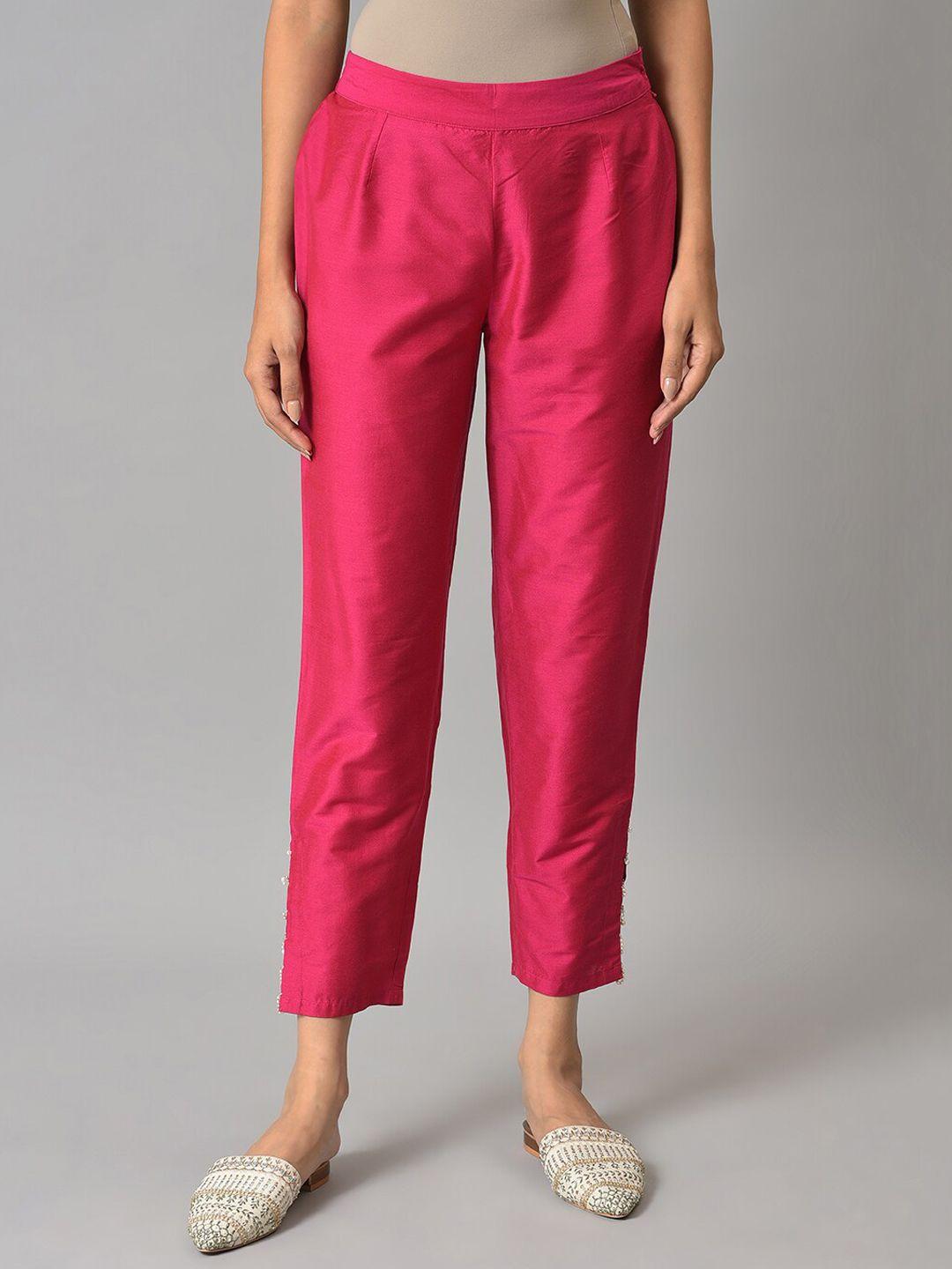 w women pink solid slim fit trouser