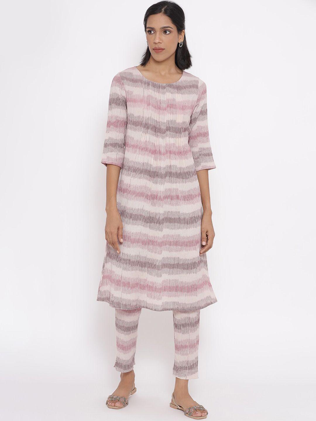 w women pink striped pleated pure cotton kurta with trousers