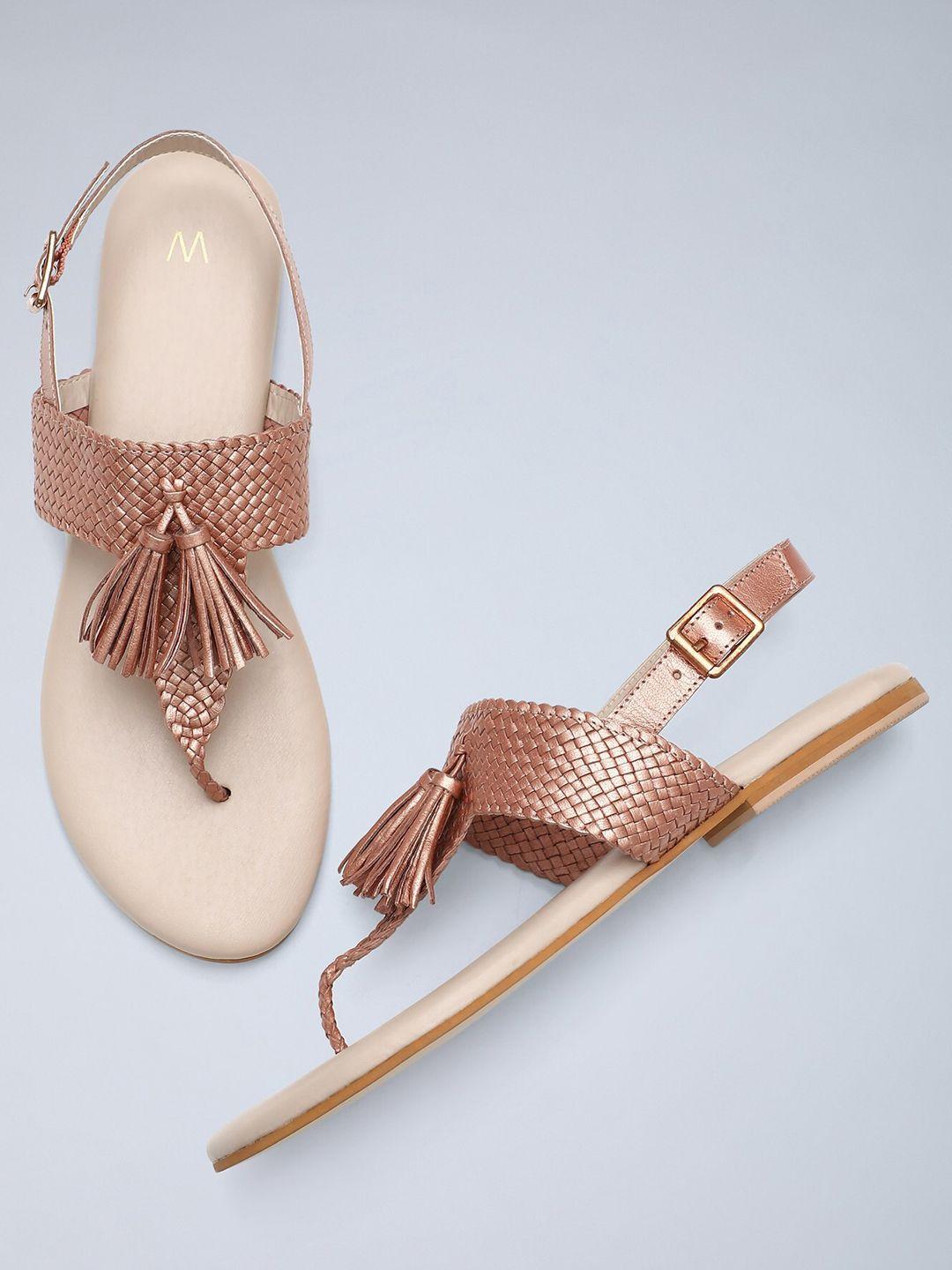 w women pink woven design leather open toe flats