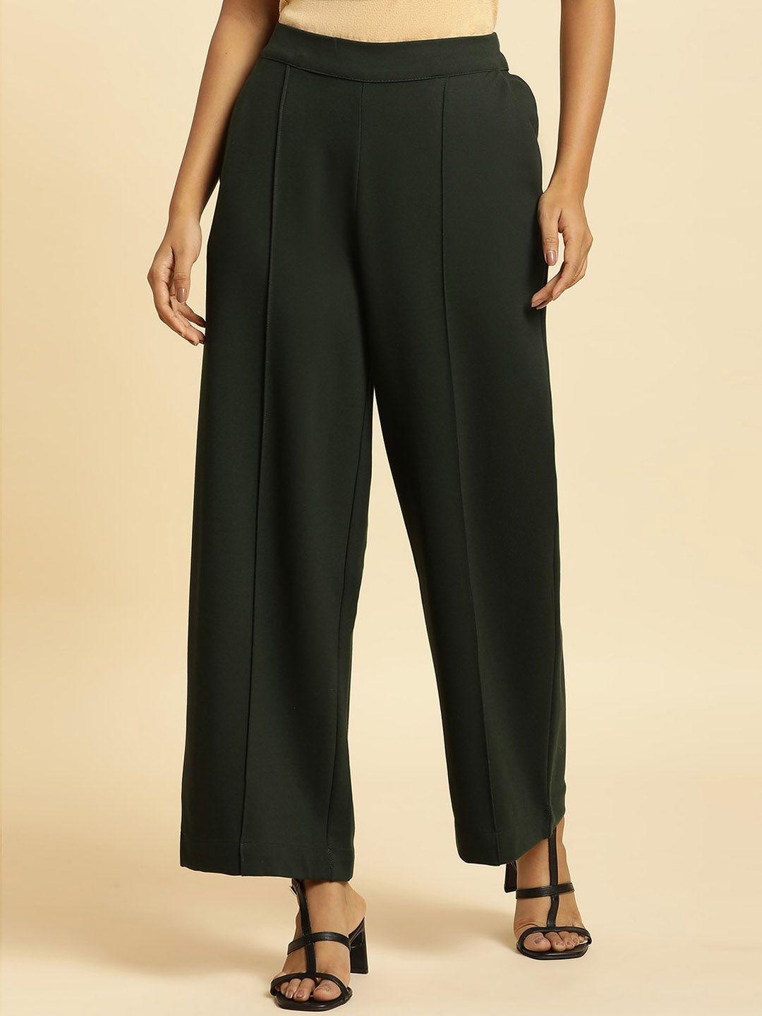 w women pleated mid-rise straight fit parallel trousers
