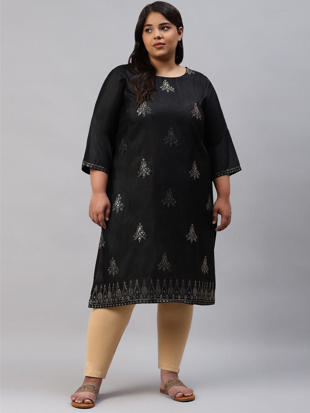 w women plus size black ethnic motifs embellished kurta