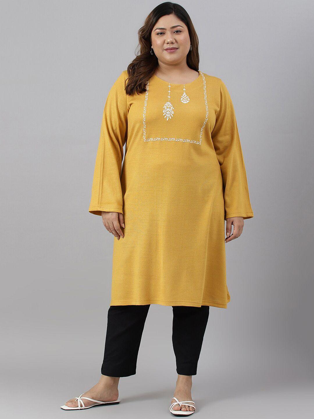 w women plus size embroidered flared sleeves thread work floral kurta