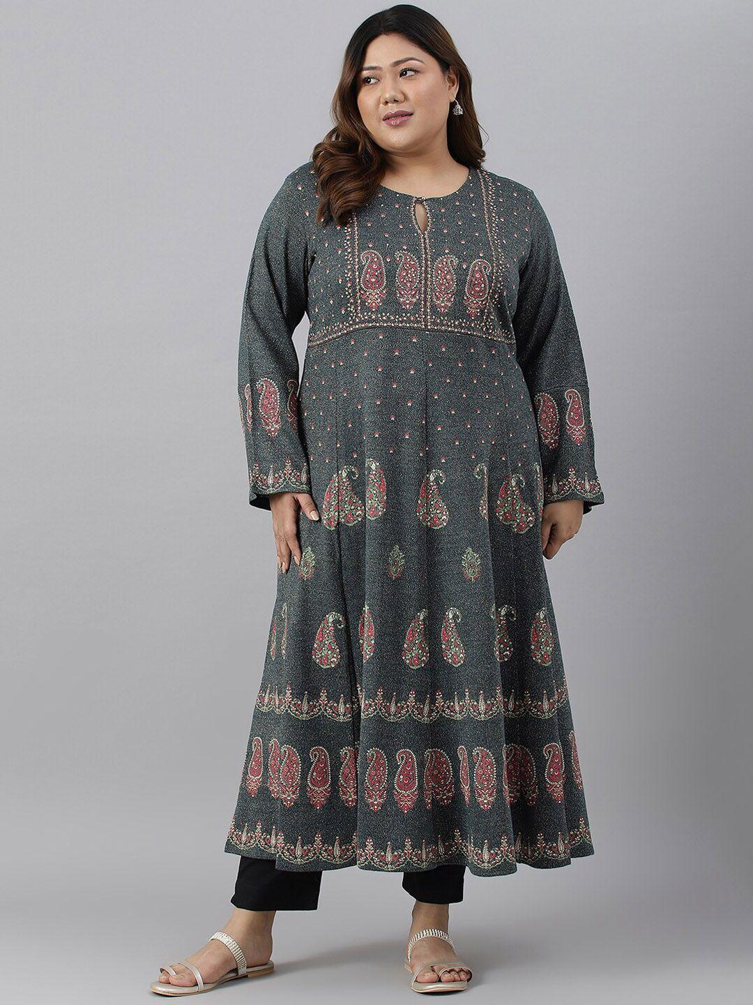 w women plus size ethnic motifs printed keyhole neck acrylic flared sleeves a-line kurta