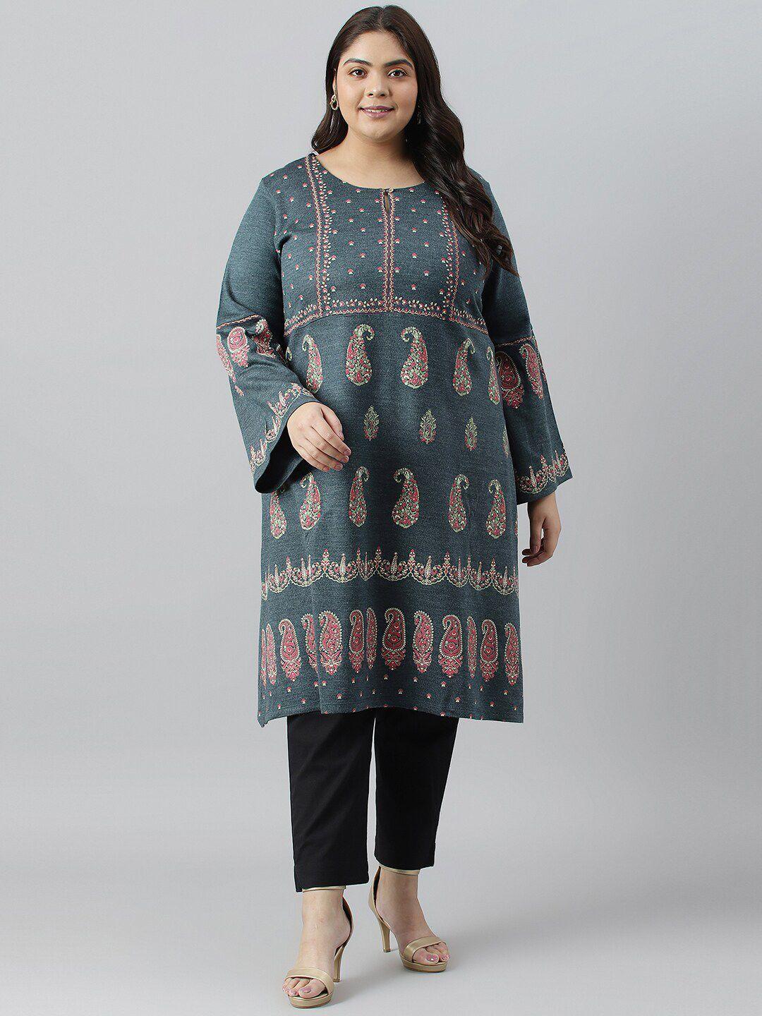 w women plus size ethnic motifs printed keyhole neck acrylic kurta