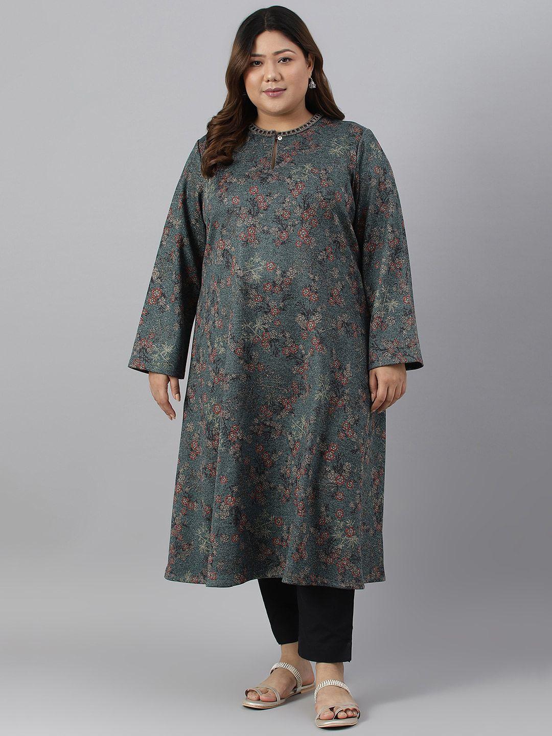 w women plus size floral printed keyhole neck flared sleeves kurta