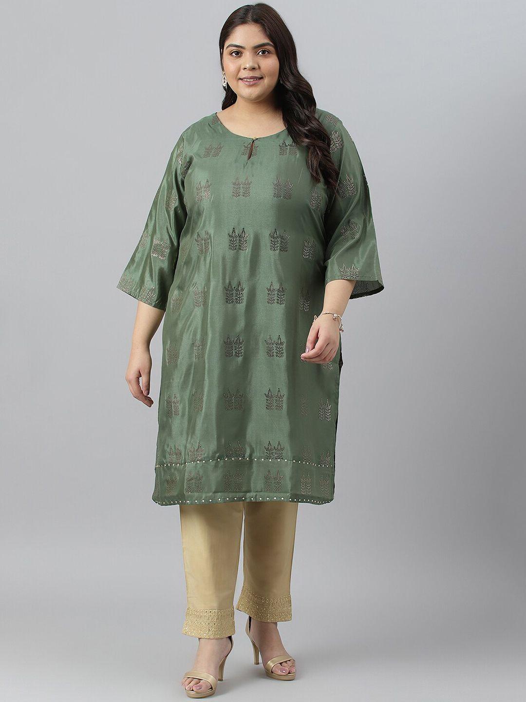 w women plus size geometric printed keyhole neck flared sleeves kurta