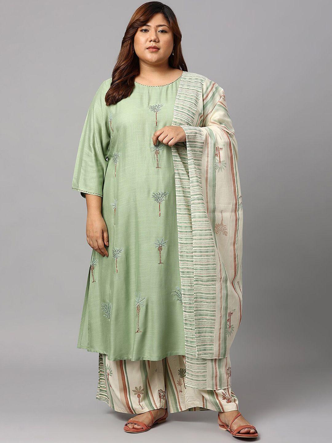 w women plus size green & beige embroidered straight kurta with palazzos & with dupatta