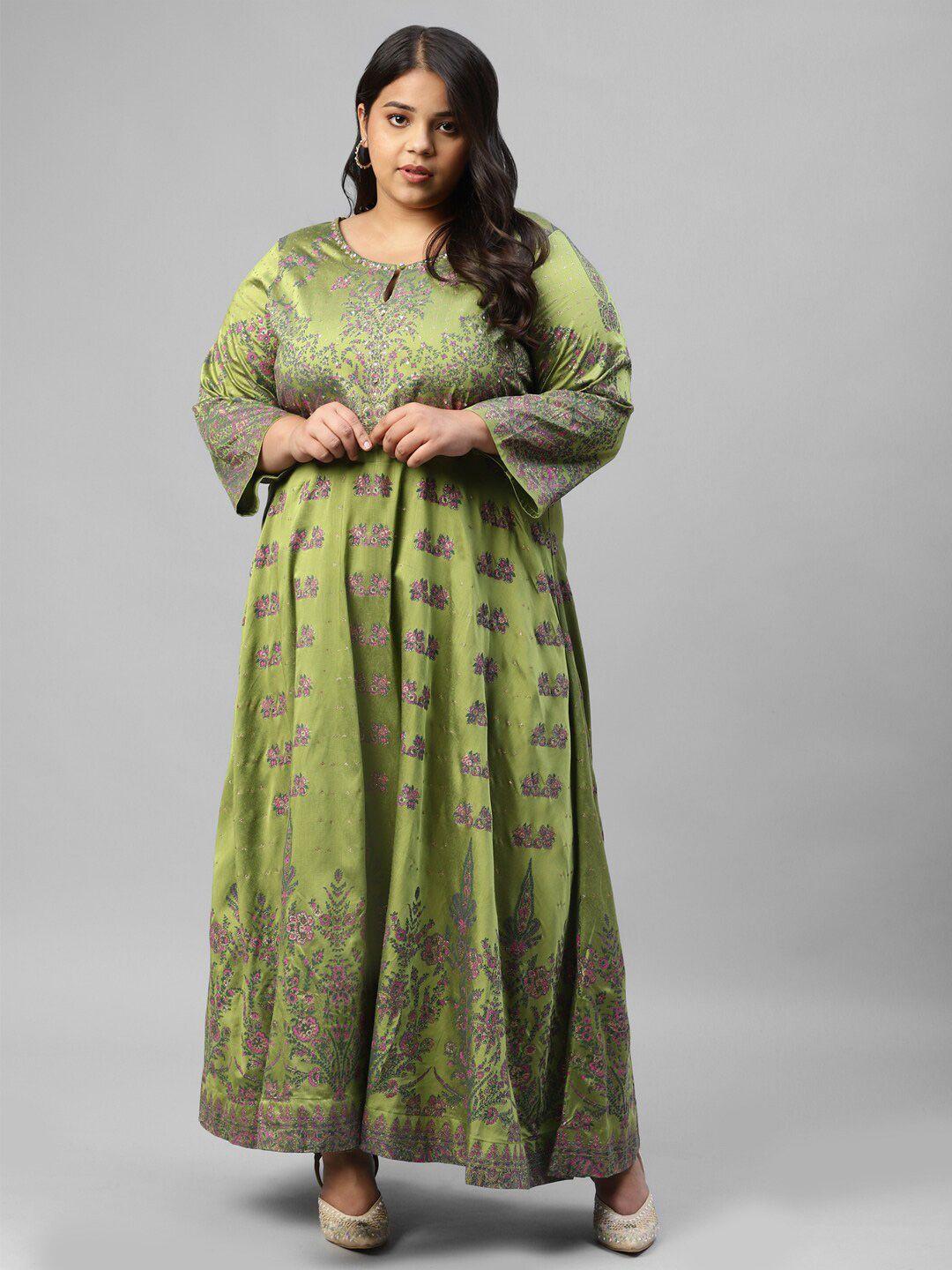 w women plus size green floral ethnic maxi dress