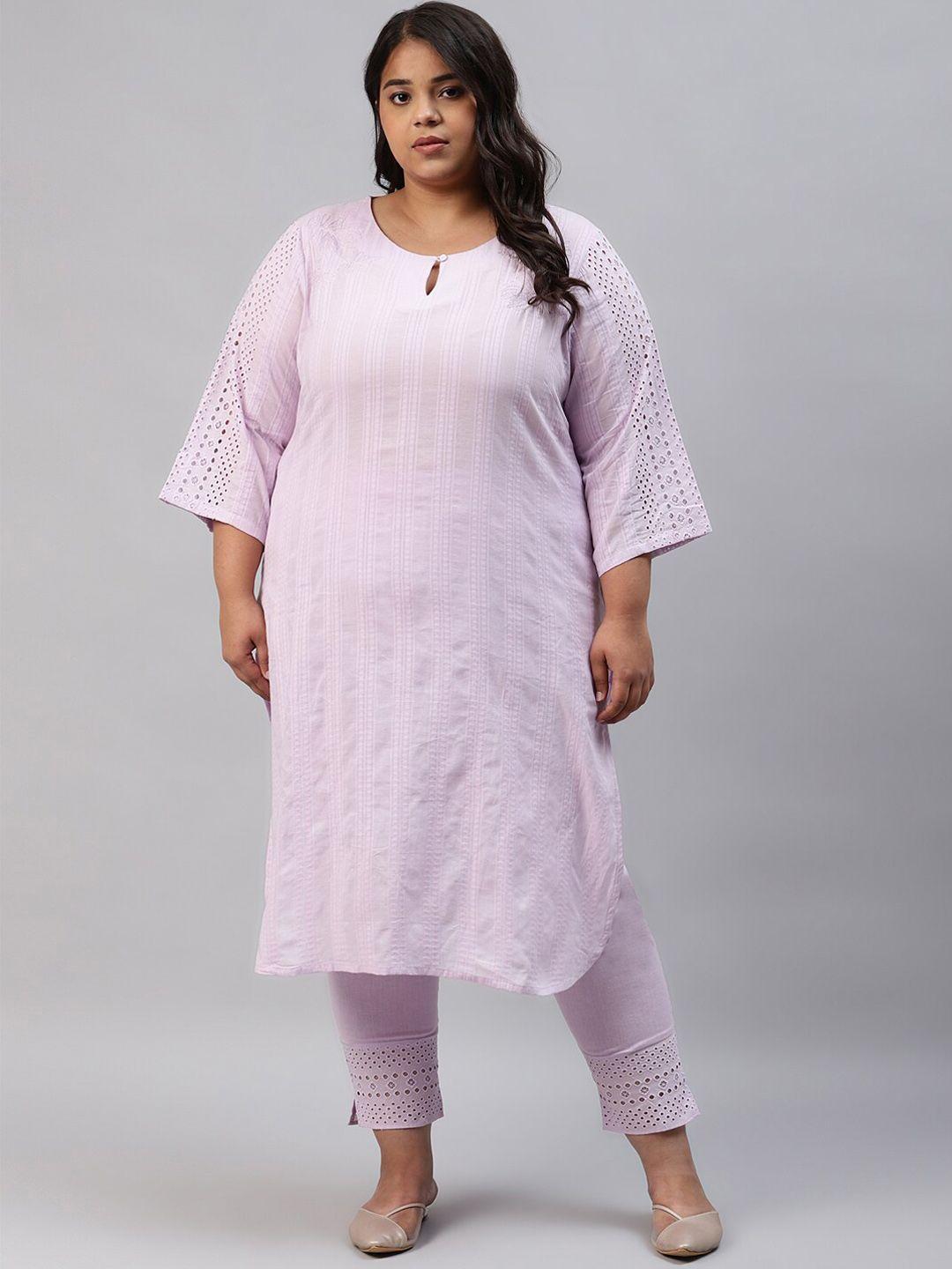 w women plus size lavender striped keyhole neck kurta with trousers