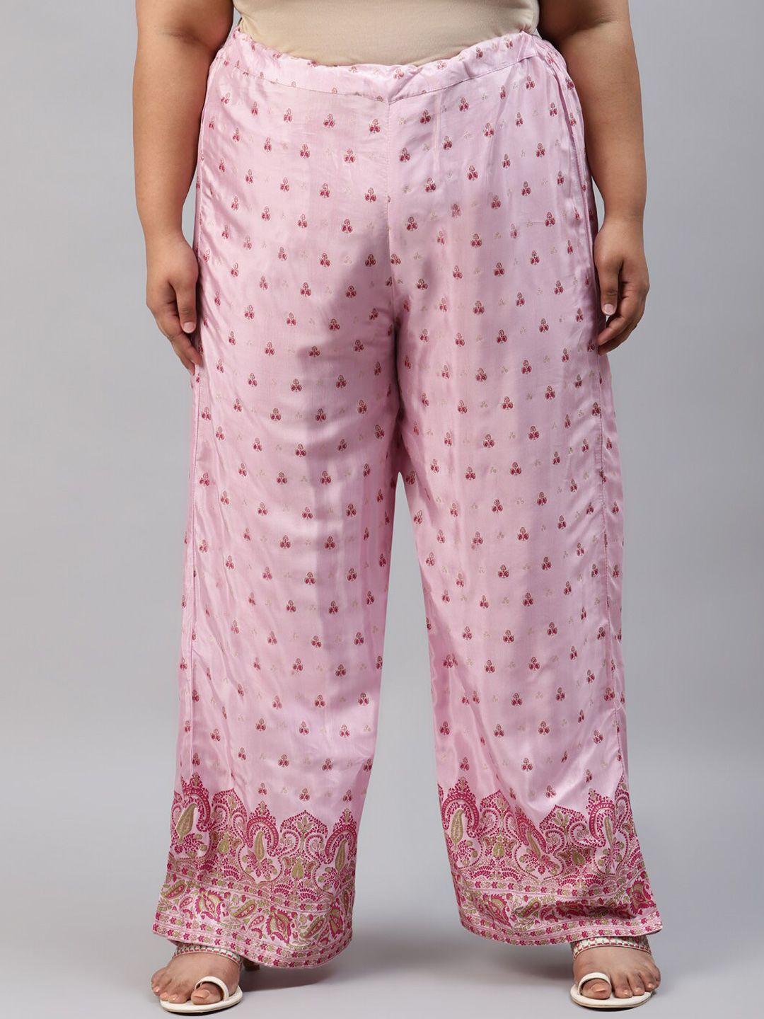 w women plus size pink floral printed trousers