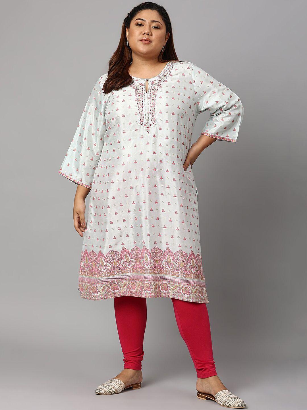 w women plus size white floral printed kurta