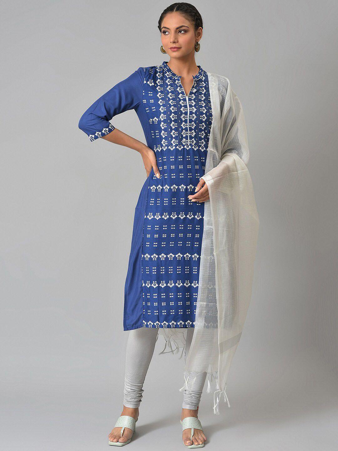 w women printed straight kurta with churidar & dupatta