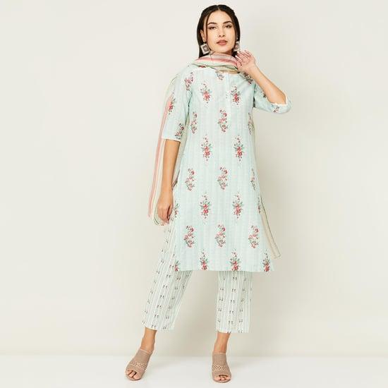 w women printed straight kurta with elasticated pants and dupatta