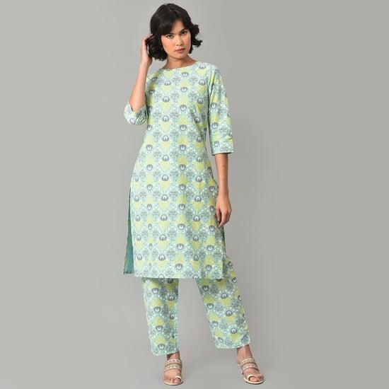 w women printed straight kurta with elasticated pants