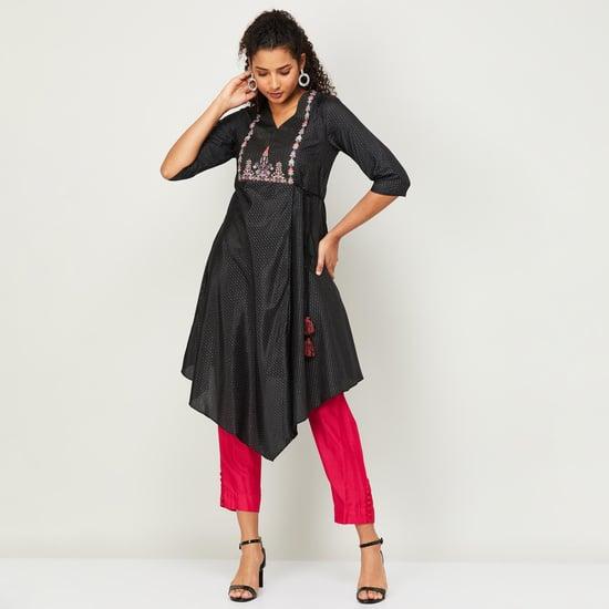 w women printed v-neck asymmetrical-hem a-line kurta