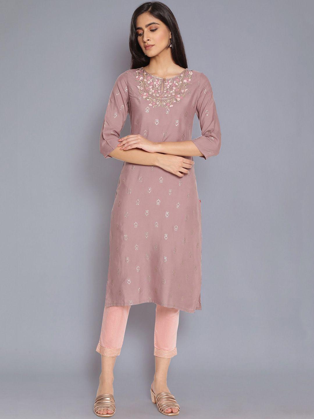 w women purple & pink ethnic motifs embroidered keyhole neck kurta