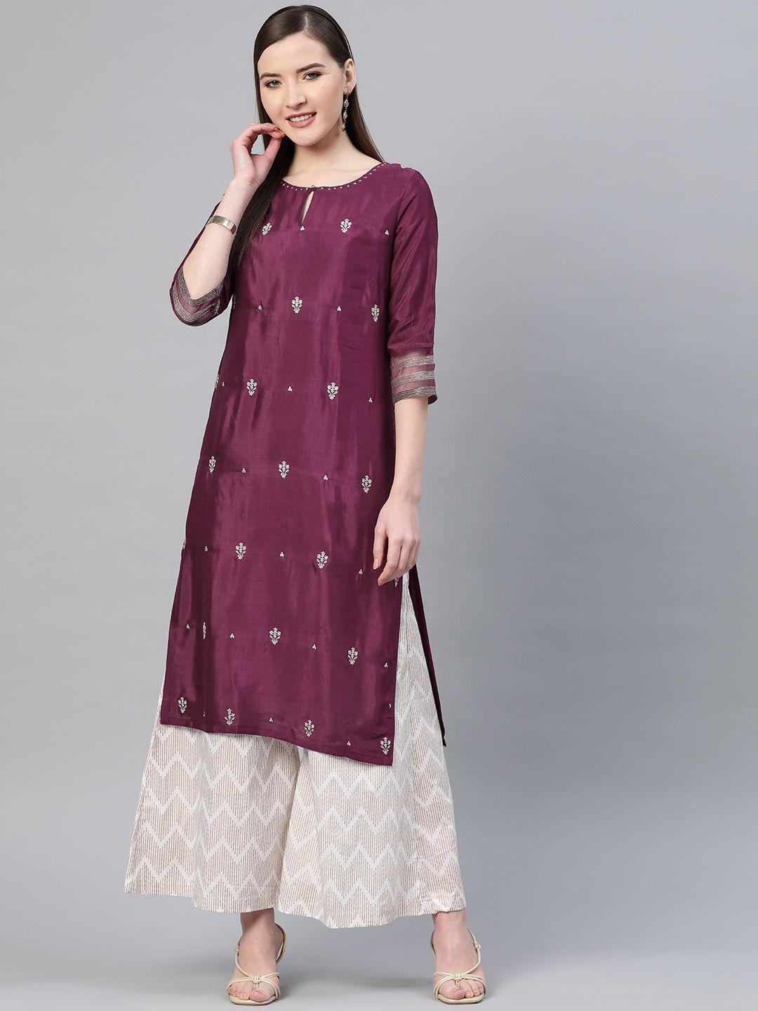 w women purple & silver embroidered straight kurta