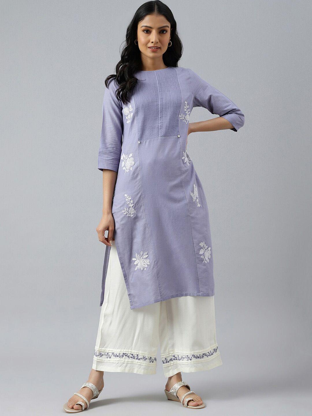 w women purple & white floral printed cotton kurta