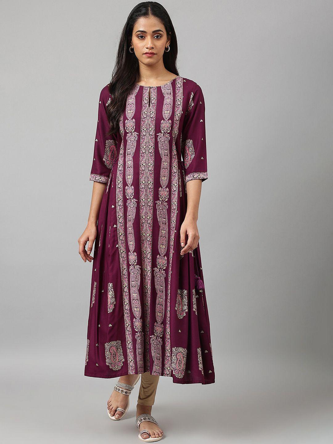 w women purple ethnic motifs printed keyhole neck pastels anarkali kurta