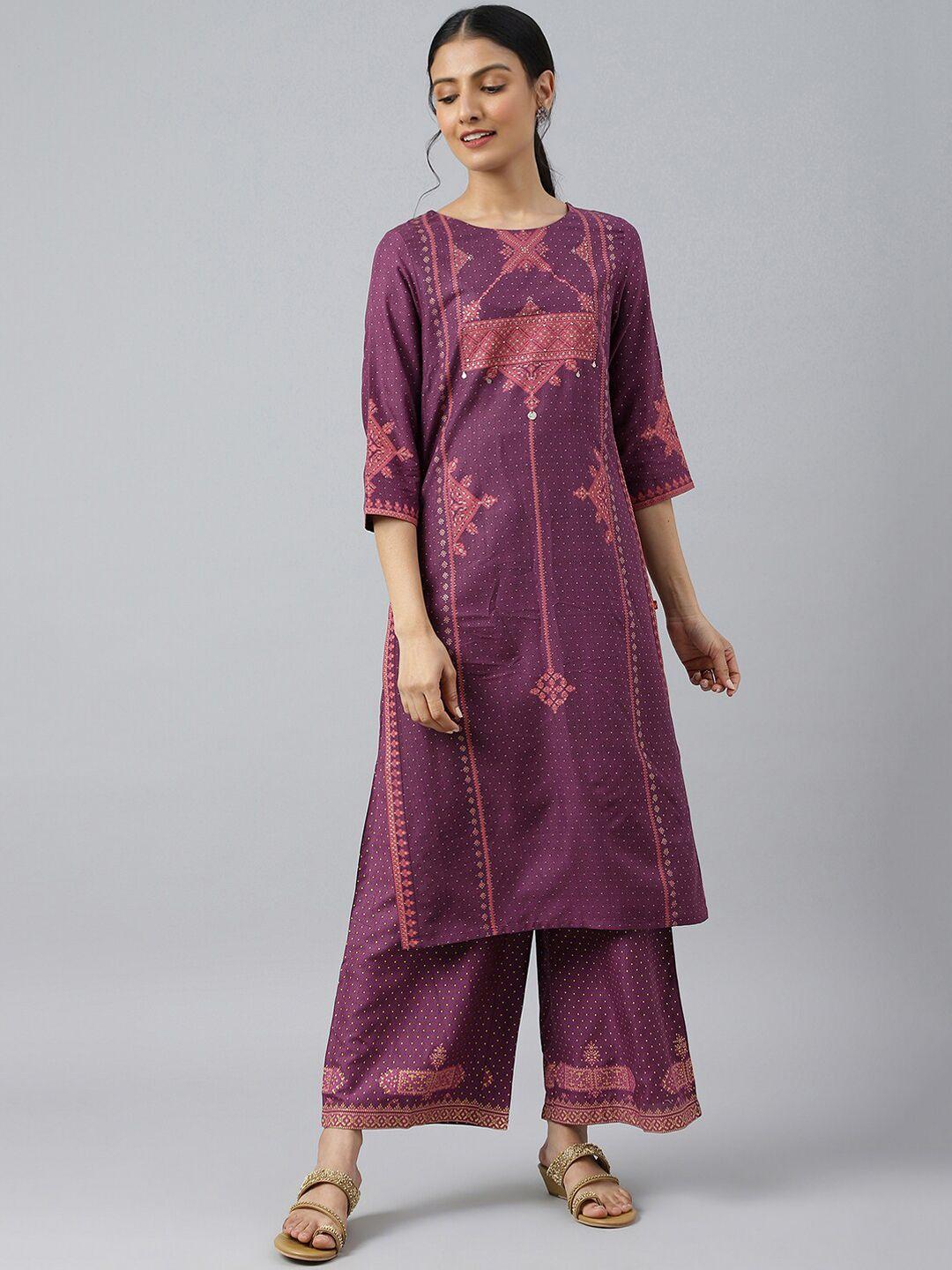 w women purple ethnic motifs printed kurta with palazzos