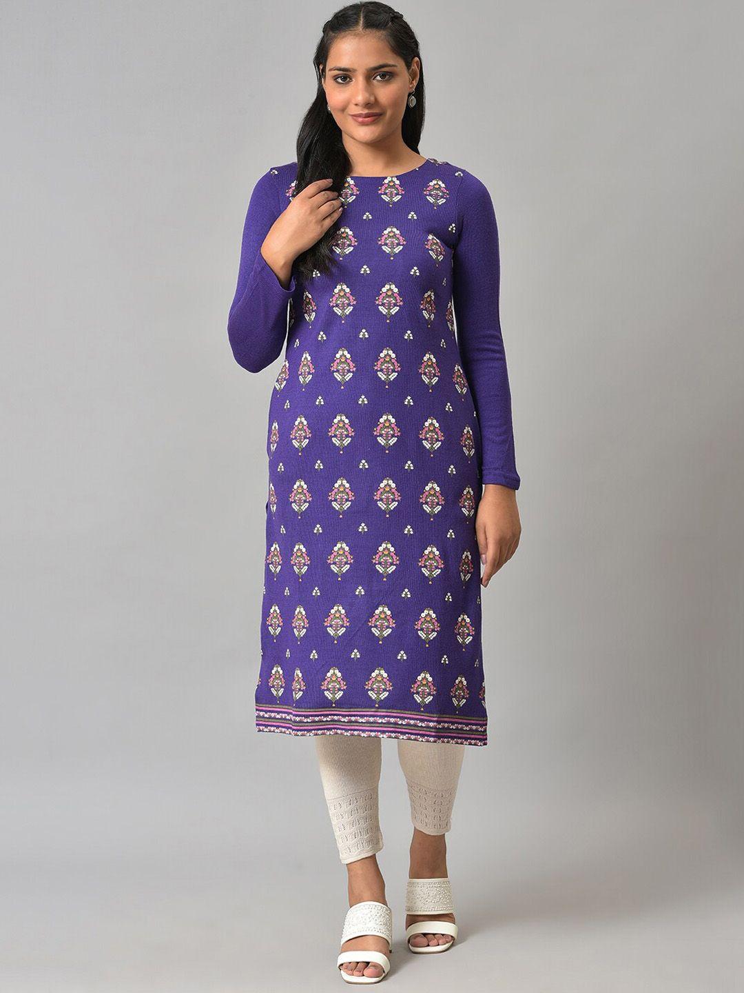 w women purple ethnic motifs printed kurta