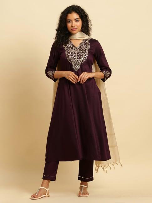 w women purple festive solid rayon kurta with slim pant & dupatta