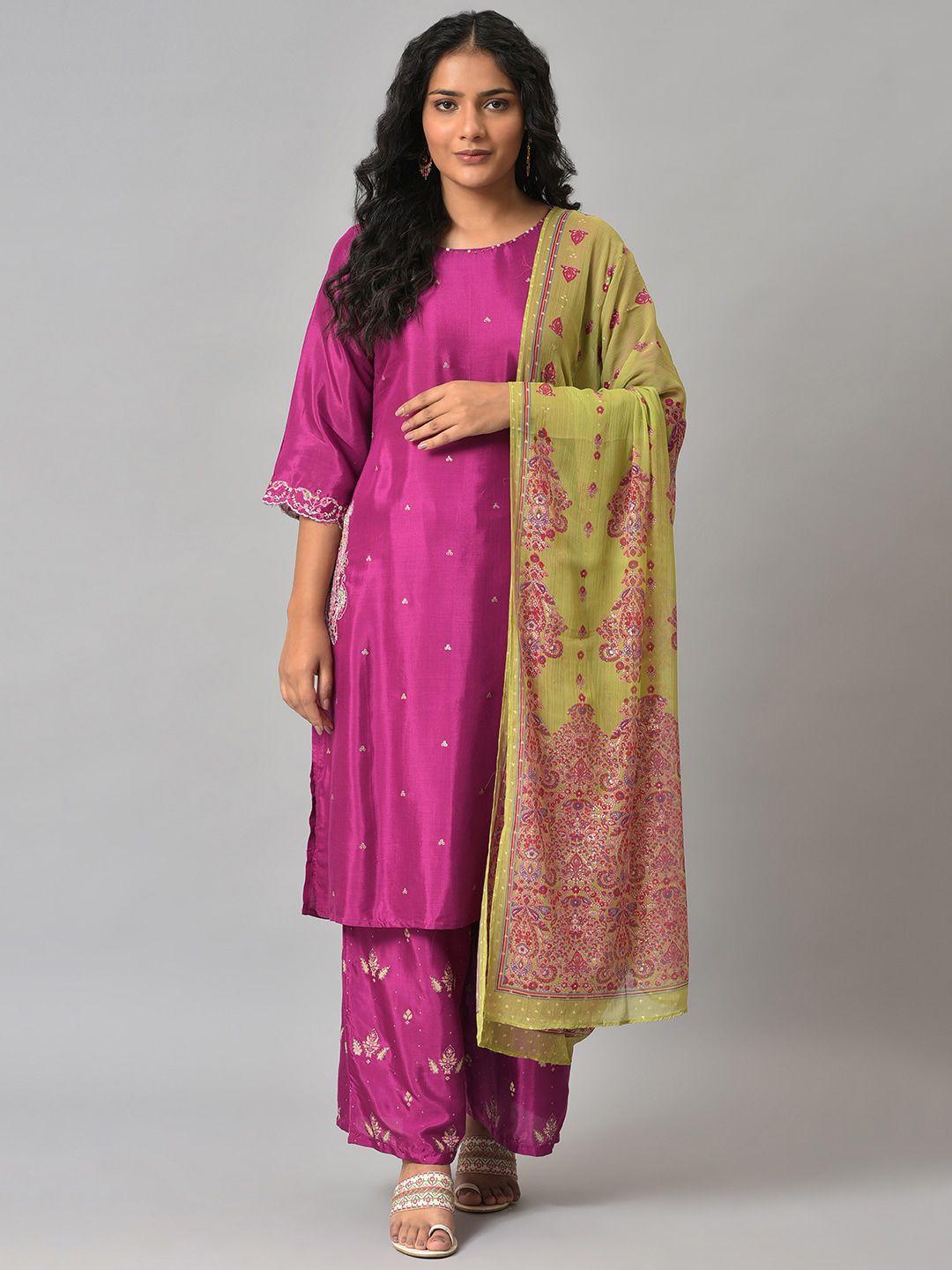 w women purple floral printed sequinned kurta with palazzos & dupatta