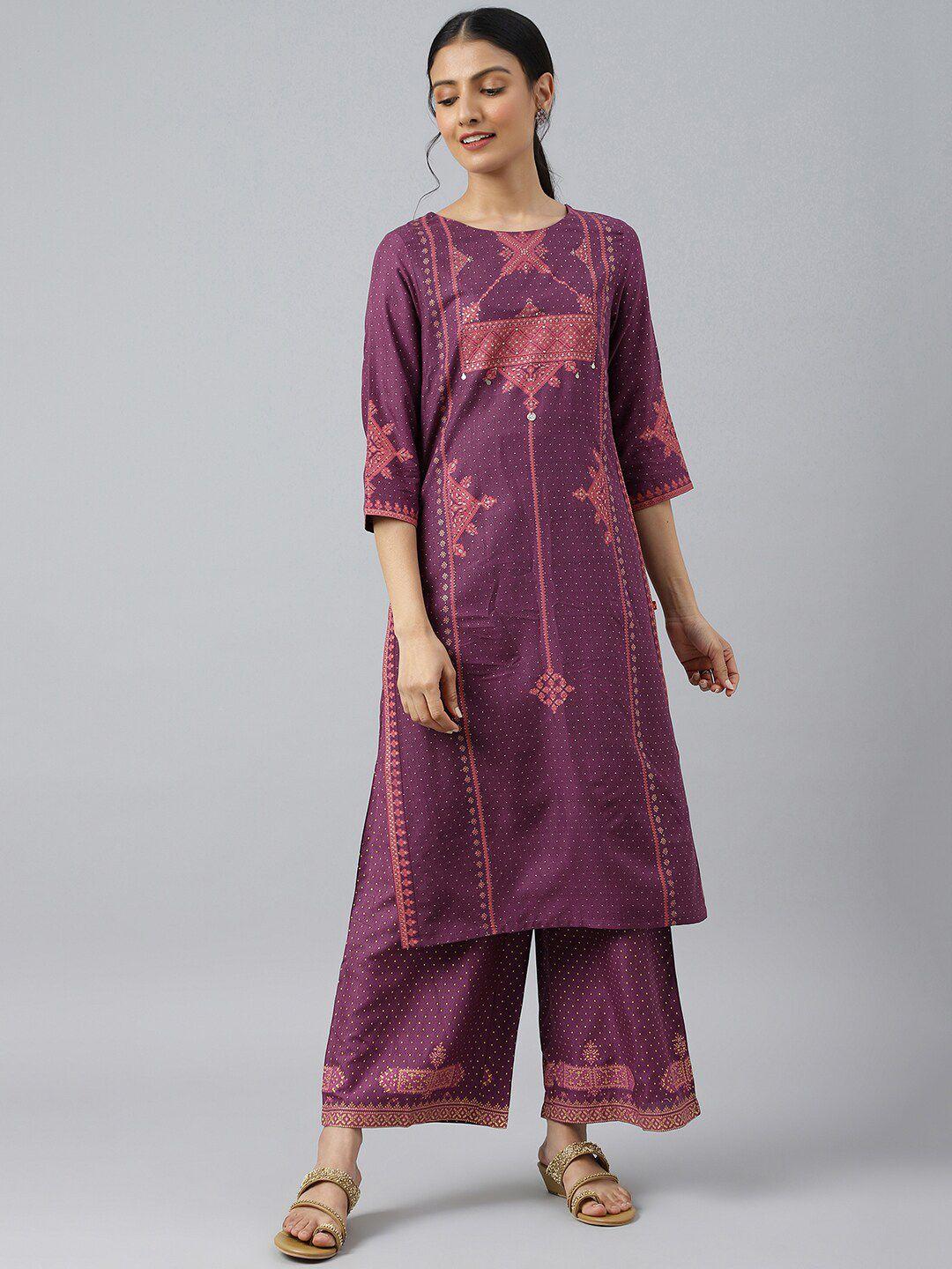 w women purple geometric embroidered thread work kurta