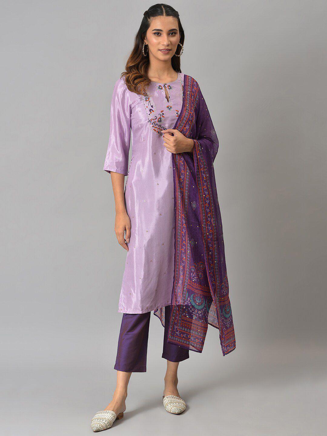 w women purple printed kurta with trousers & with dupatta