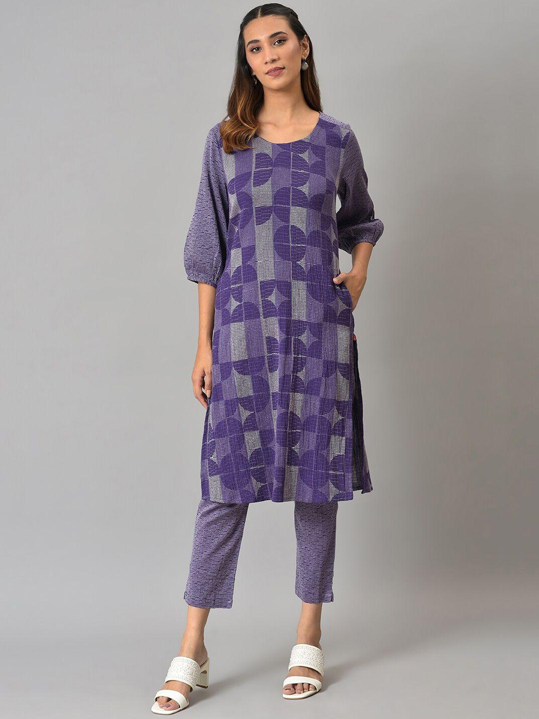 w women purple printed kurta with trousers