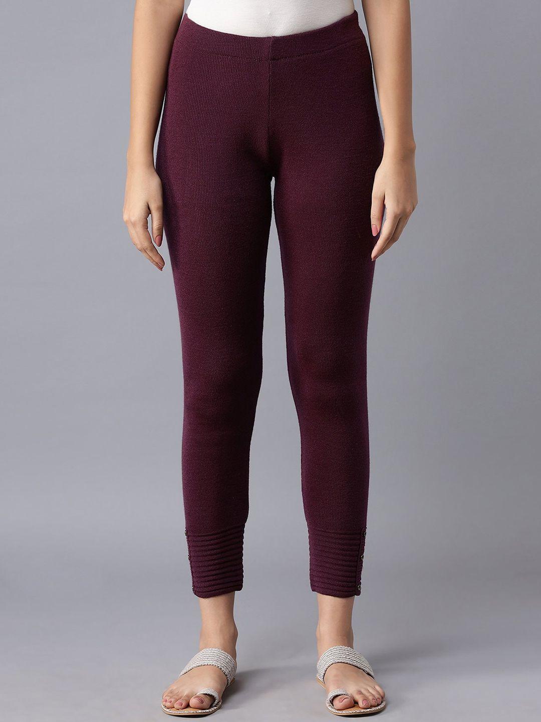 w women purple solid acrylic pleated tights