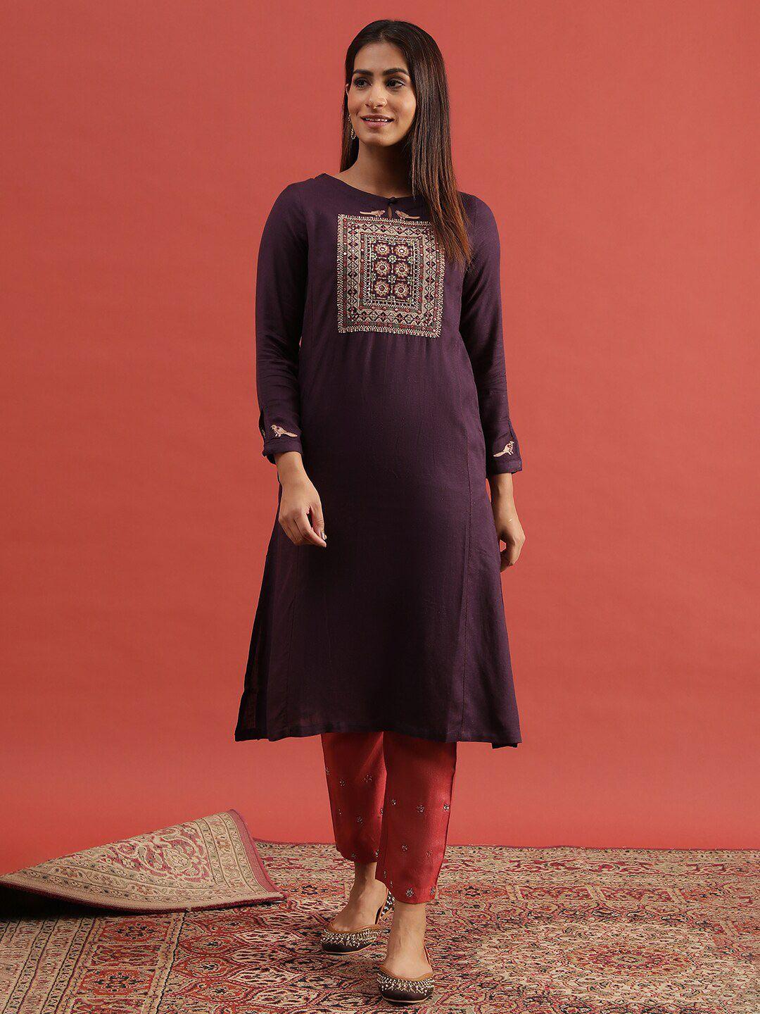 w women purple the folksong collection embroidered flared sleeves kurta