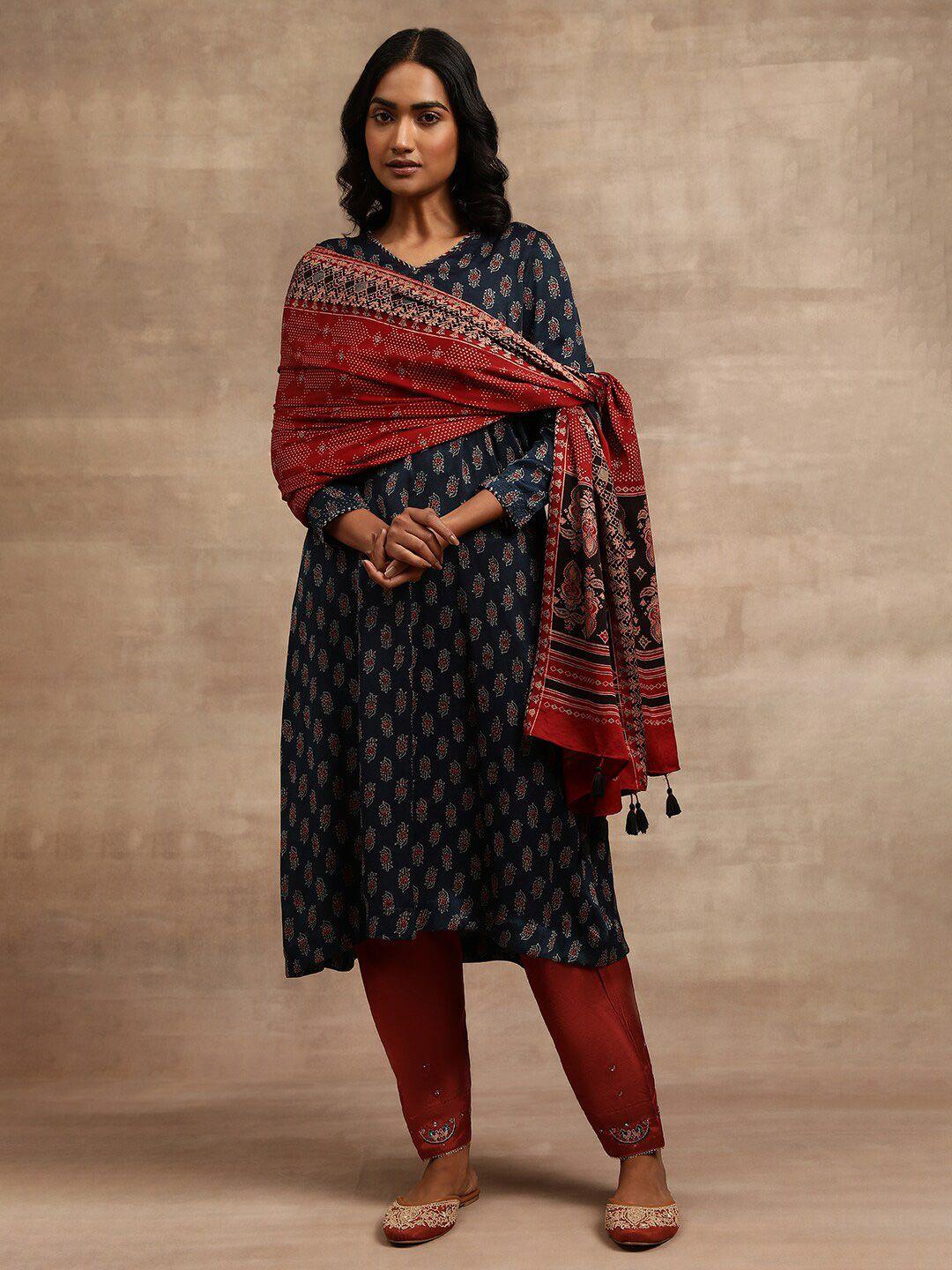 w women red & black ethnic motifs printed block print dupatta