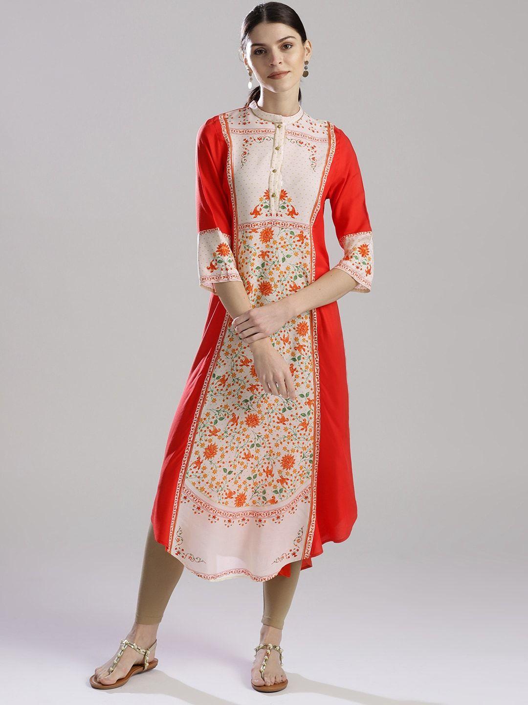 w women red & cream-coloured printed a-line sustainable kurta