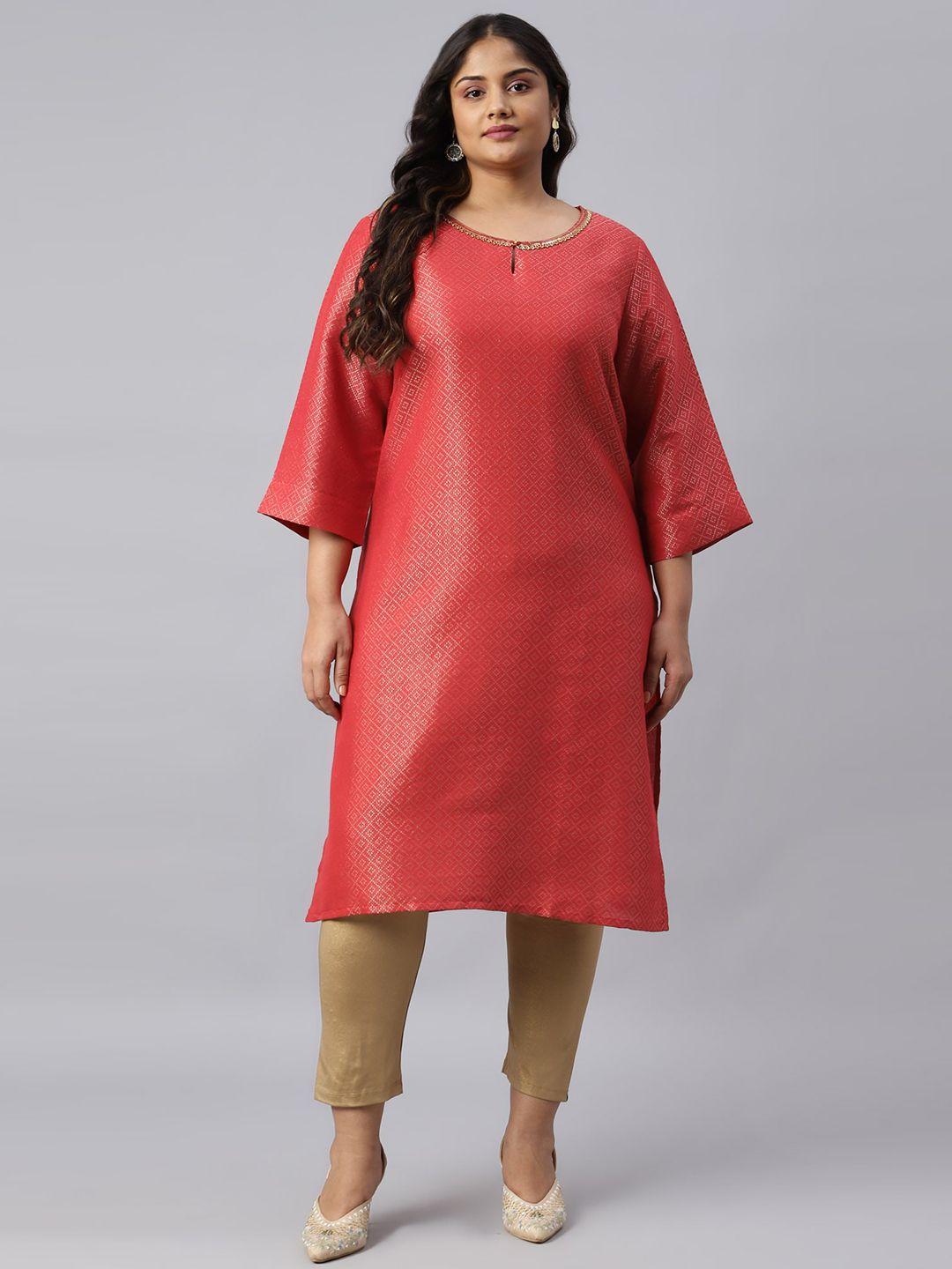 w women red & gold-toned ethnic motifs embroidered keyhole neck kurta
