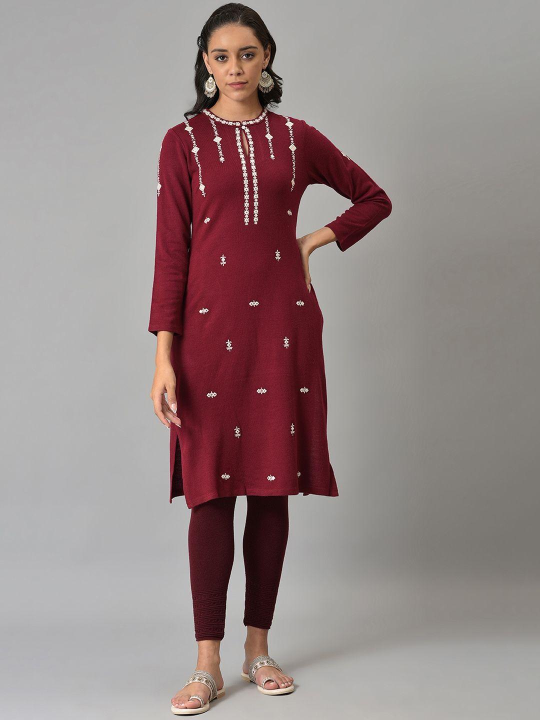 w women red embroidered keyhole neck thread work kurta