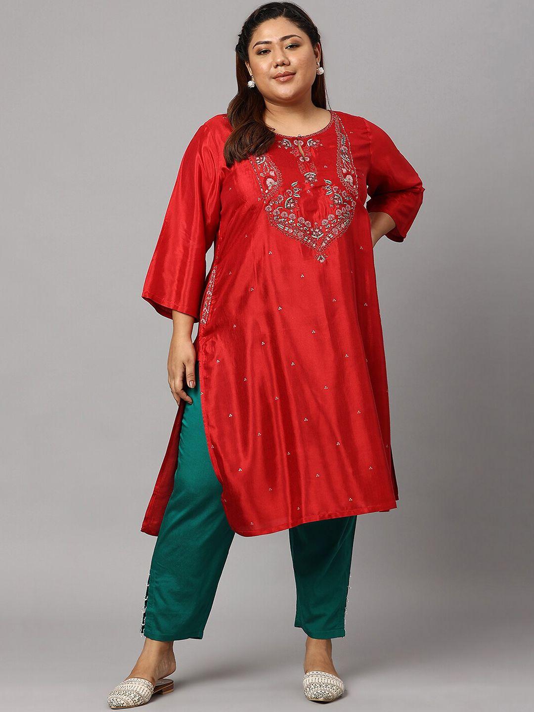 w women red embroidered kurta