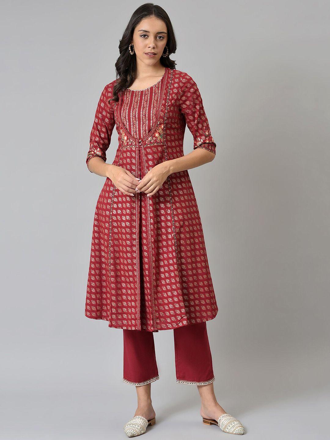 w women red ethnic motifs printed layered sequinned kurta with trousers