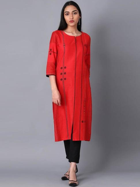 w women red geometric print cotton blend straight kurta