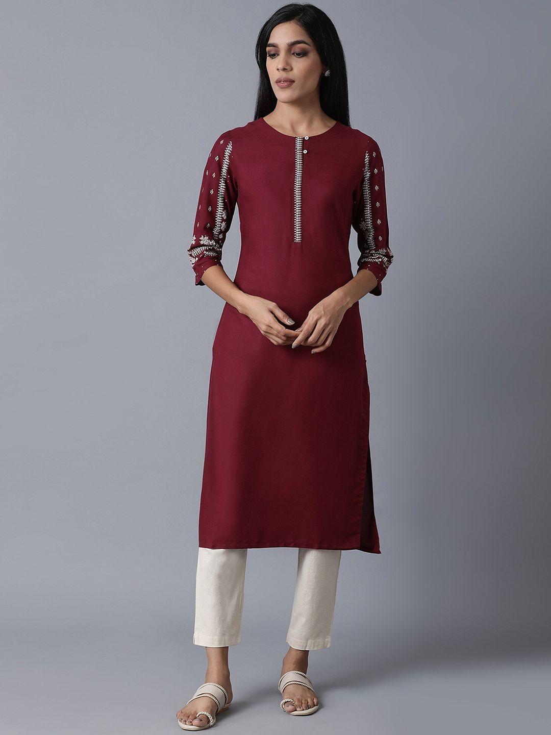 w women red keyhole neck thread work pastels kurta