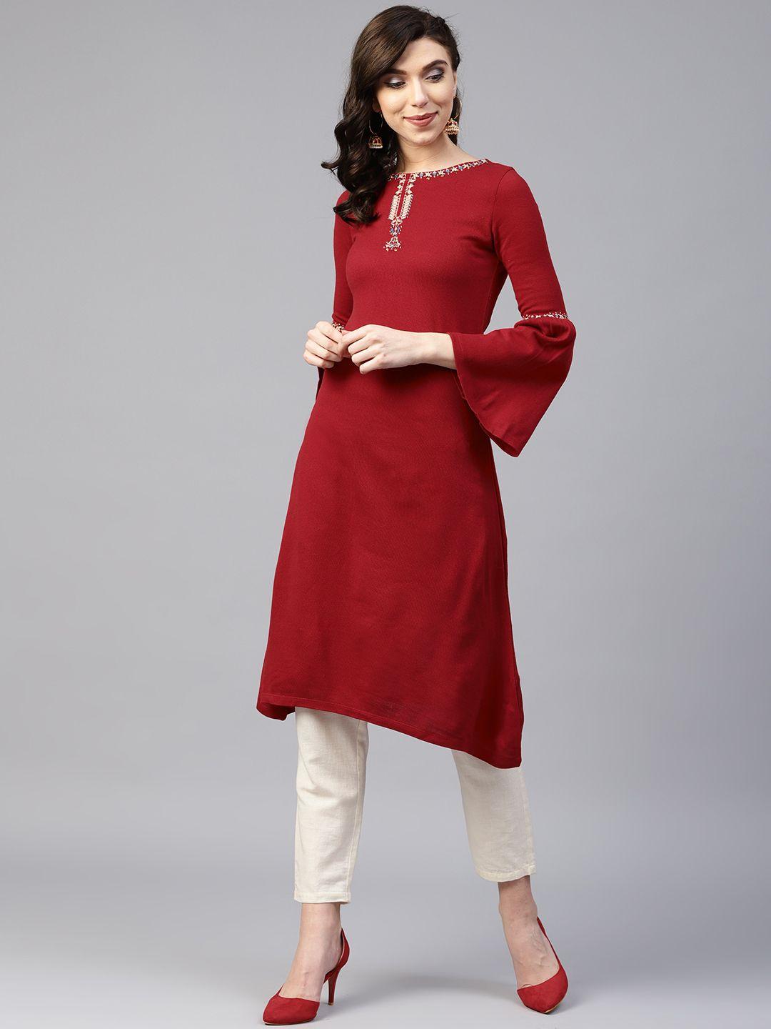 w women red solid winter kurta