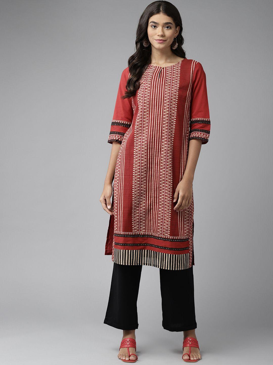 w women rust brown & beige pure cotton striped keyhole neck kurta