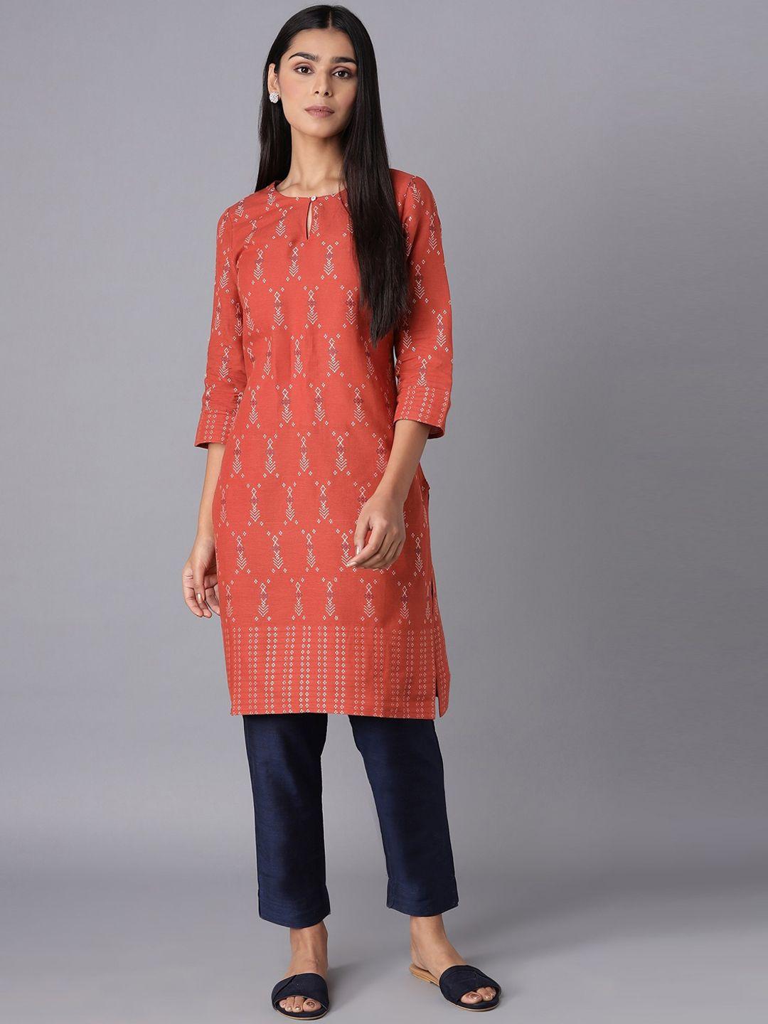 w women rust ethnic motifs keyhole neck kurta