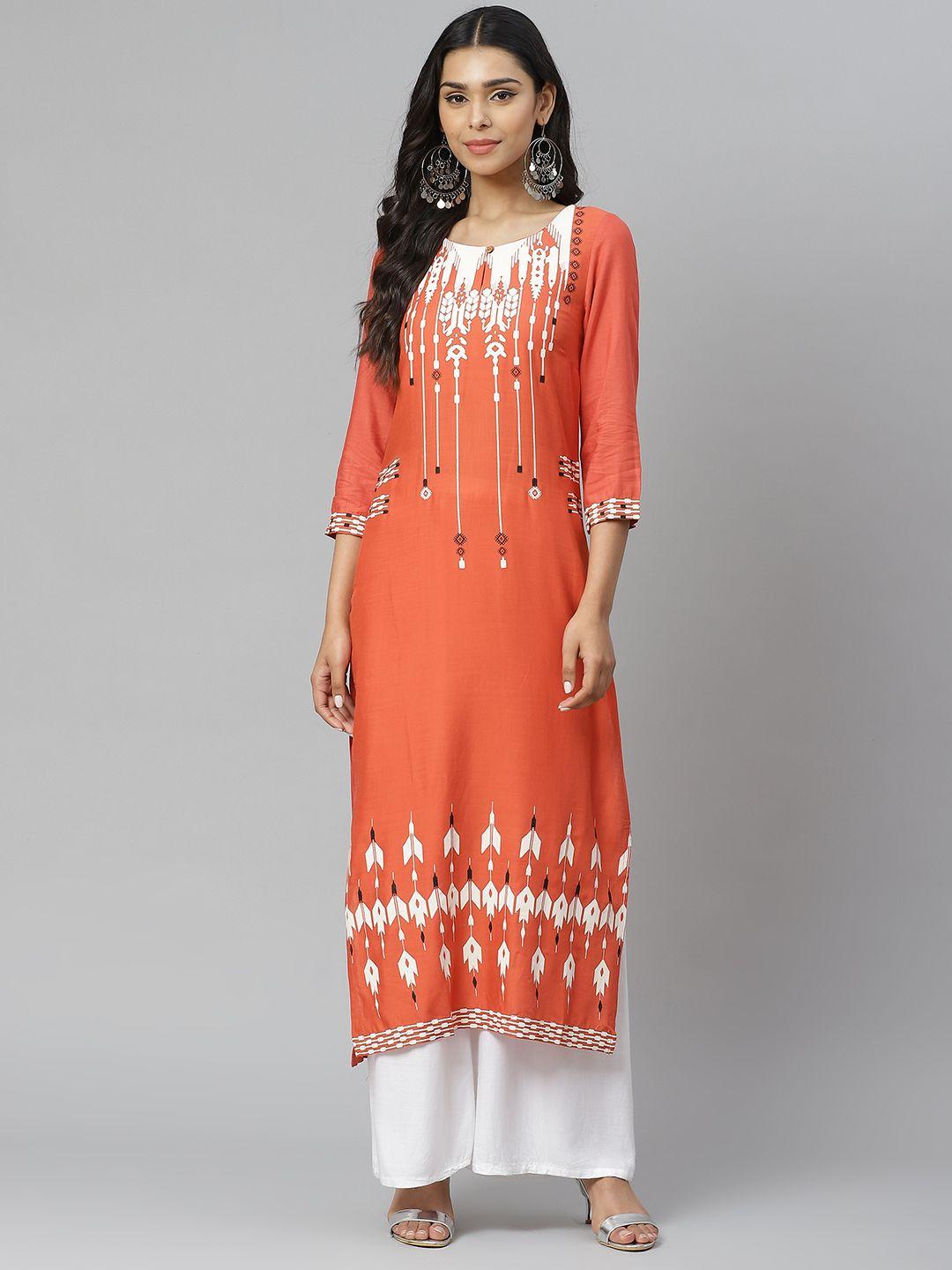 w women rust orange & off-white geometric printed keyhole neck kurta