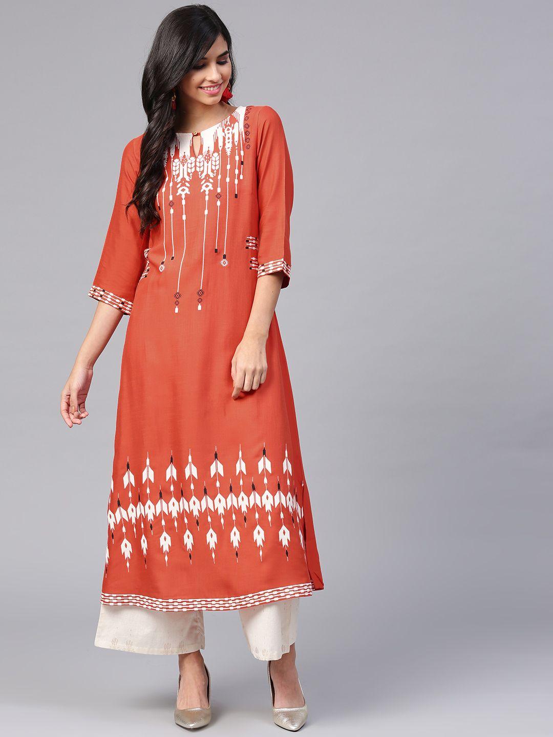 w women rust orange & white printed a-line kurta